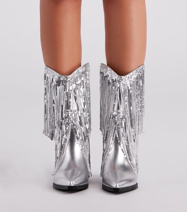 BIUBAKUA Women's Metallic Fringe Cowboy Boots with Tassels
