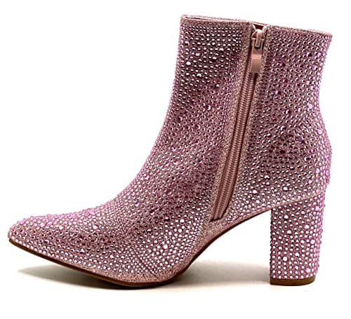 Forever Women's Rhinestone Chunky Ankle Bootie — Pink Rhinestone