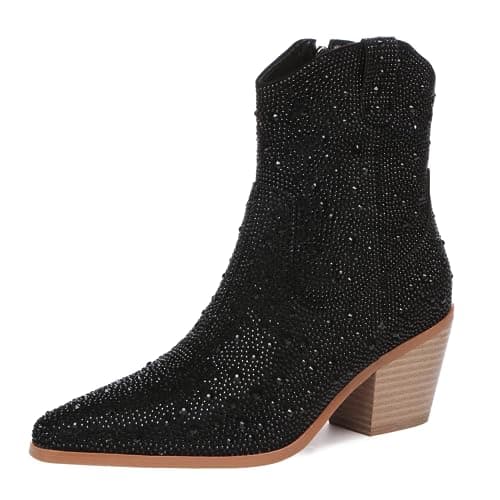 Yallmay Sparkly Rhinestone Cowgirl Booties for Women — Black