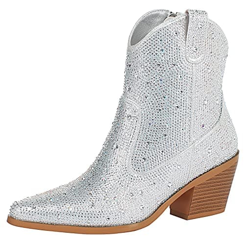 FIFSY Women's Glitter Rhinestone Chunky Heel Ankle Boots… — Silver Style2