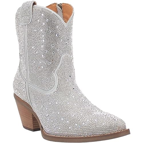 Dingo Women's Black Rhinestone Cowgirl Ankle Boots Mid Heel Zipper Casual — Silver