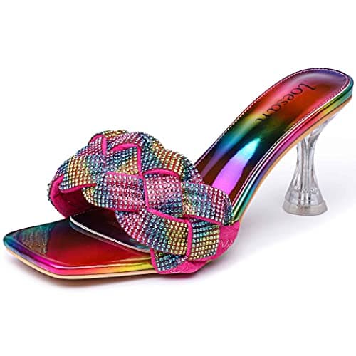Loesan Women's Clear Lucite Rhinestone Heeled Mules Slip-On Wedding Slippers — Color
