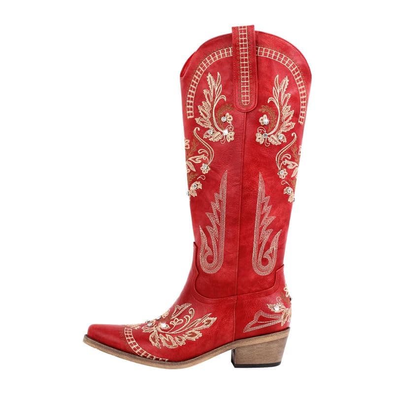 Richealnana Women's Cowgirl Short Embroidered Boots with Chunky Heels — Red-d