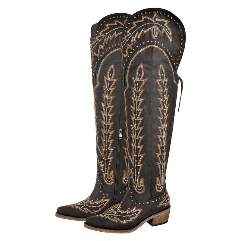 Sexytag Thigh High Western Cowboy Boots with Embroidery — Rivet Dark Brown