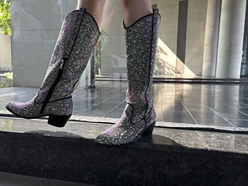MissHeel Sparkly Rhinestones Knee-High Boots Chunky Heels