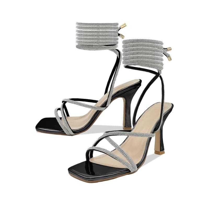 Baffoloo Women's Rhinestone Strappy Stiletto Heeled Square Toe Sandals