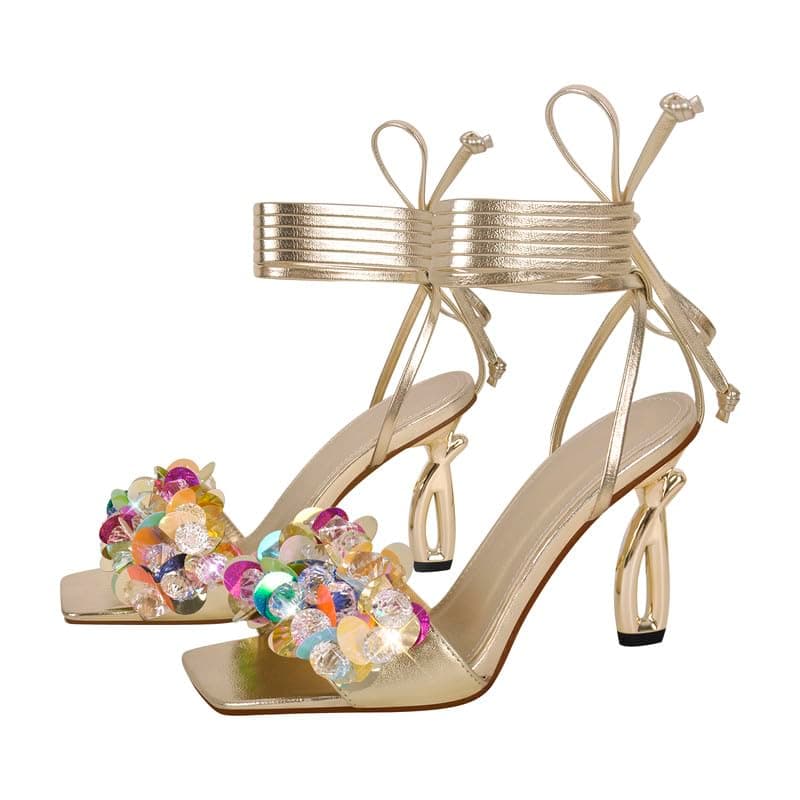 LISHAN Women's Clear Strappy Block Heel Rhinestone Sandals — Gold-sequins