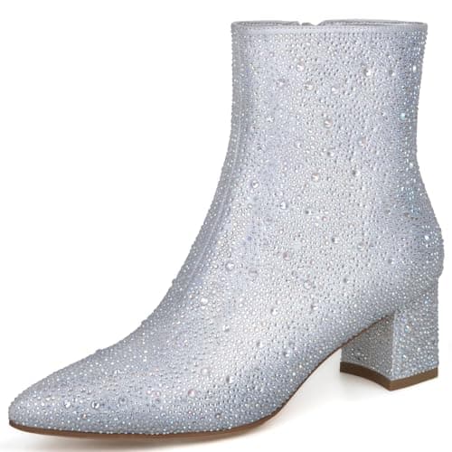 MISSMILLER Rhinestone Chunky Heel Pointed Toe Ankle Boots for Women — Silver-rhinestone