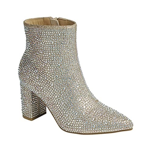 ABSOLEX Women's Pointed Toe Rhinestone Ankle Booties Heel — Champagne