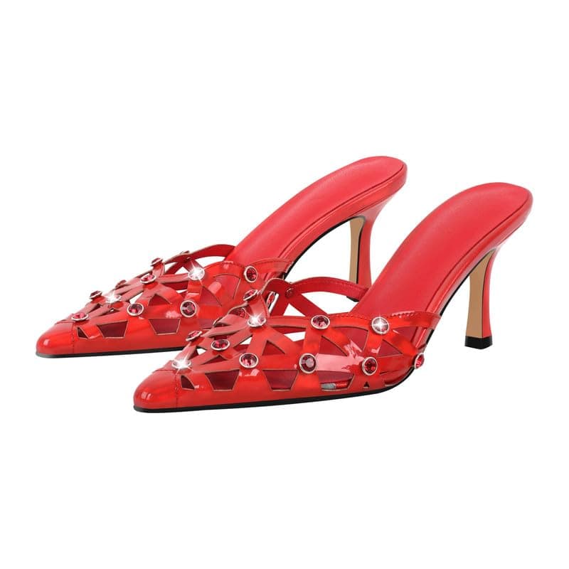 Richealnana Women's Pointed Toe Bow Mule Sandals for Party and Weddings — Red-b