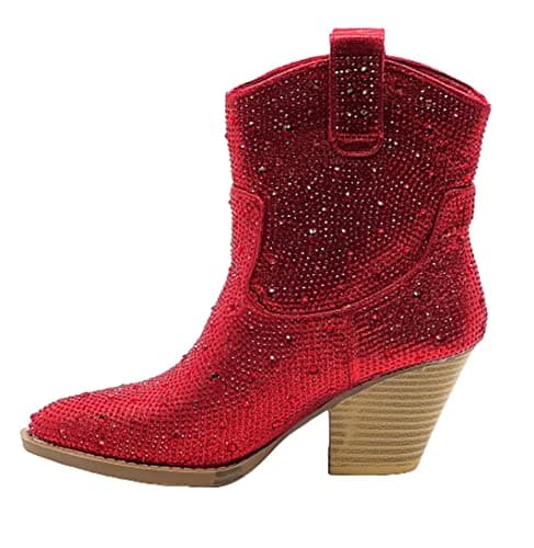 Forever Women's Rhinestone Chunky Ankle Bootie — Red Rhinestone-01