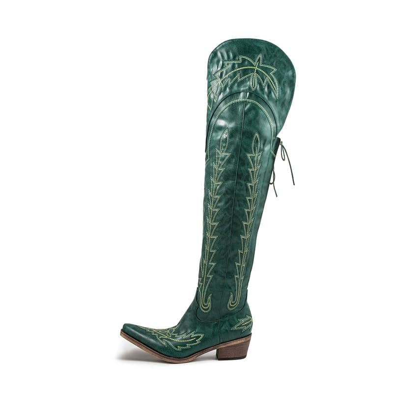 Atuelang Thigh High Western Embroidered Cowgirl Boots — Green