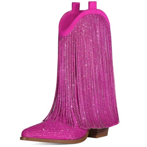 HICLOTSA Sparkly Rhinestone Western Ankle Boots for Women — Pink