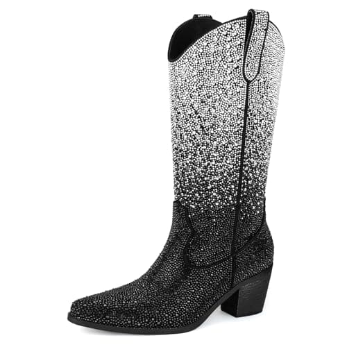 MissMiller Women's Sparkly Rhinestone Mid-Calf Cowboy Boots with Pull-On Tabs — Black Silver