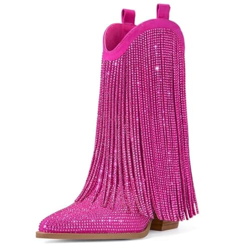 Ouepiano Women's Rhinestone Cowboy Boots with Sparkly Fringe — Pink