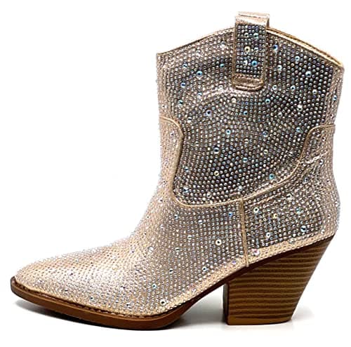 Forever Women's Rhinestone Mid-Calf Knee High Ankle Booties — Champagne Rhinestone
