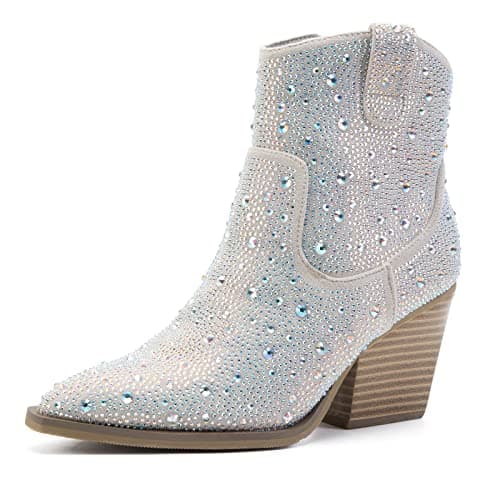 MaxMuxun Women's Sparkly Rhinestone Cowboy Boots Heel Booties — Silver
