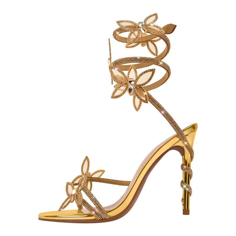 Sexytag Diamante Butterfly Wrap Stiletto Heels Rhinestone Sandals — Gold