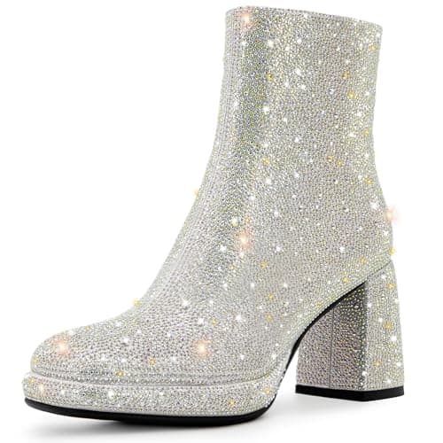 FINDVELL Chunky Heeled Sparkly Rhinestone Wedding Booties Glitter Ankle Shoes