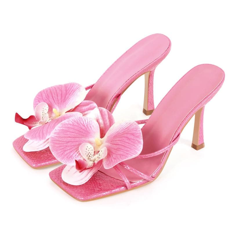 Richealnana Women's Clear Square Toe Stiletto Heel Slip-On Mules — Pink-flower
