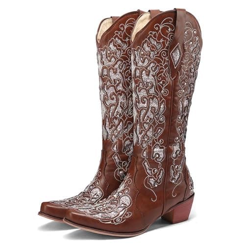 KiutSymo Sparkly Vintage Embroidered Cowgirl Boots Mid Calf Heel Wedding Western — Dark Brown