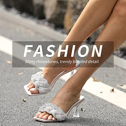 Loesan Women's Clear Lucite Rhinestone Heeled Mules Slip-On Wedding Slippers