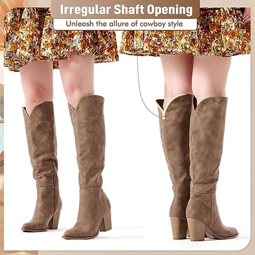 Putu Women's Knee High Faux Leather Pointed Toe Western Heel Boots