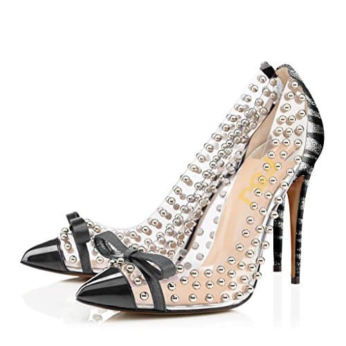 FSJ Women's Studded Pointed Toe Transparent High Heels with Bowknot US 4-15 M — Zebra