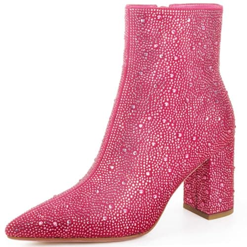 MISSMILLER Rhinestone Chunky Heel Pointed Toe Ankle Boots for Women — Rose Red