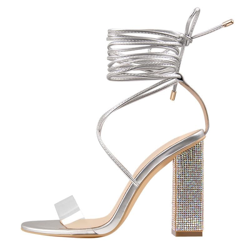 Richealnana Women's Rhinestone Ankle Wrap Heeled Lace-Up Sandals
