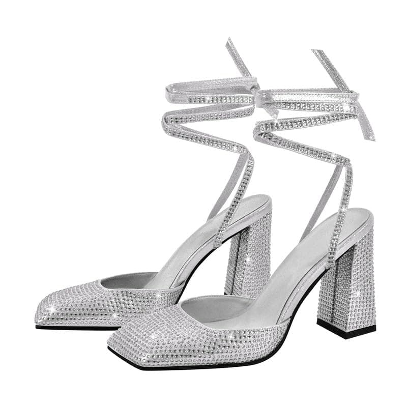 Richealnana Women's Rhinestone Lace-Up Strappy Sandals for Party Prom — Silver