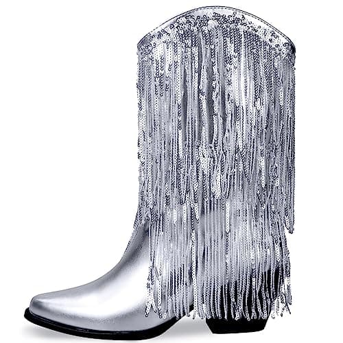 BIUBAKUA Women's Metallic Fringe Cowboy Boots with Tassels