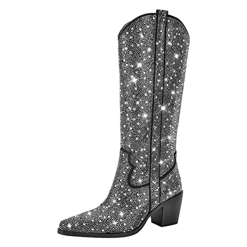 Richealnana Women's Rhinestone Slip-On Block Heel Boots — Black-b