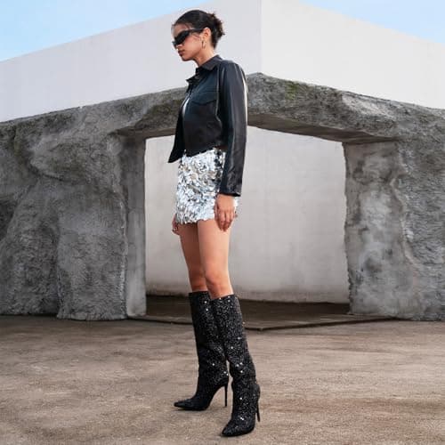 Wetkiss Glittering Sequin Knee-High Stiletto Heels for Women