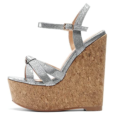 YODEKS Women's Platform Wedge Sandals-Ankle Strap Heel — Silver Glitter