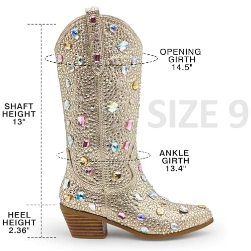 Sparkle Rhinestone Cowboy Boots for Women Western Mid Calf Glitter Pull-on Zipper Boots