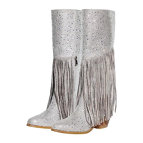 LISHAN Women's Rhinestone Knee High Boots with Chunky Heel Pull-On Shoes — Silver B