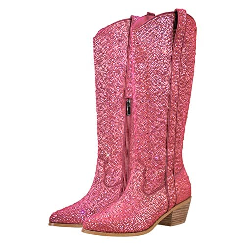 Richеalninni Sparkle Rhinestone Cowboy Boots for Women — Peach