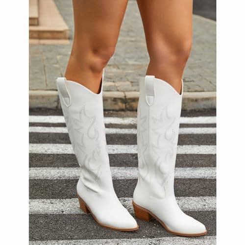 Erocalli White Embroidered Cowboy Boot for Women Knee High Heeled Pull-On