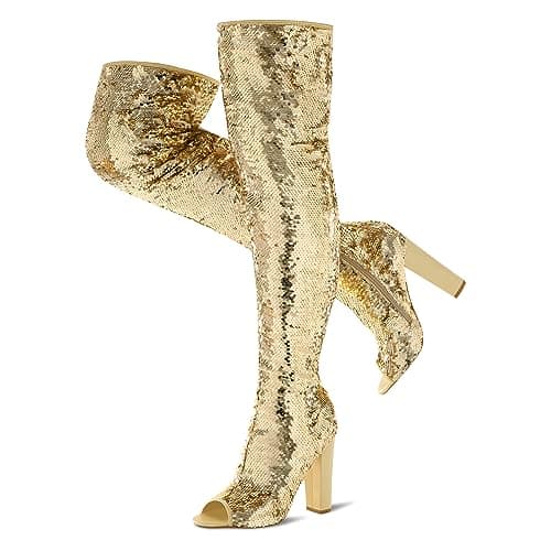 KHPAERMEI Sparkly Women's Over-The-Knee Sequin Boots for Party Prom — Gold