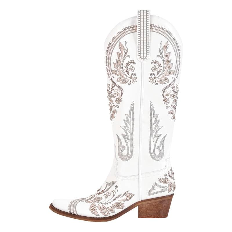 Richealnana Women's Cowgirl Short Embroidered Boots with Chunky Heels — White-d