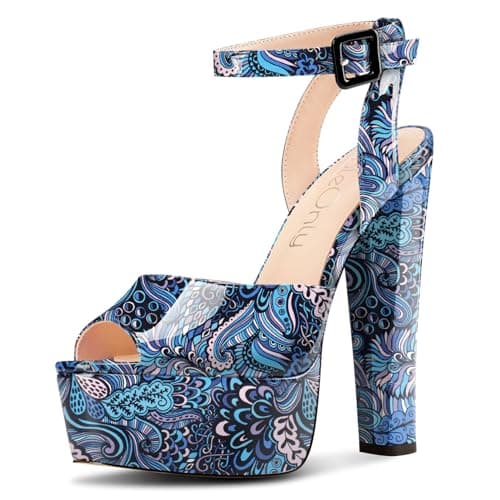 NobleOnly Chunky Heel Ankle Strap Sandals for Women Wedding Party Prom 5.9 Inches — Blue Multicolor
