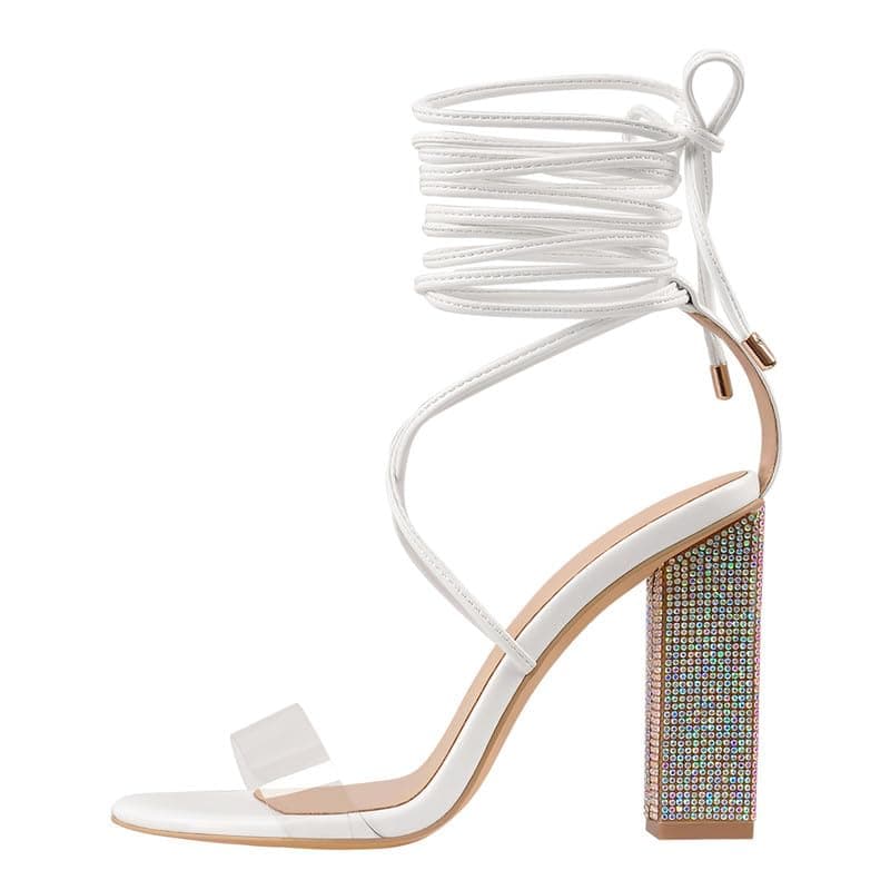 Richealnana Women's Rhinestone Ankle Wrap Heeled Lace-Up Sandals — White