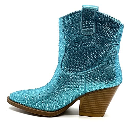 Forever Women's Rhinestone Mid-Calf Knee High Ankle Booties — Blue Rhinestone