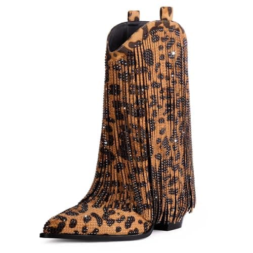 Ouepiano Women's Rhinestone Cowboy Boots with Sparkly Fringe — Leopard
