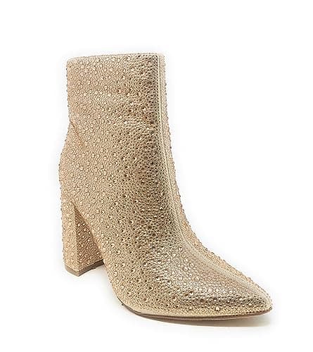 PAZZLE Women's Rhinestone Block Heel Short Knee High Booties Runway-01 — Rosegold