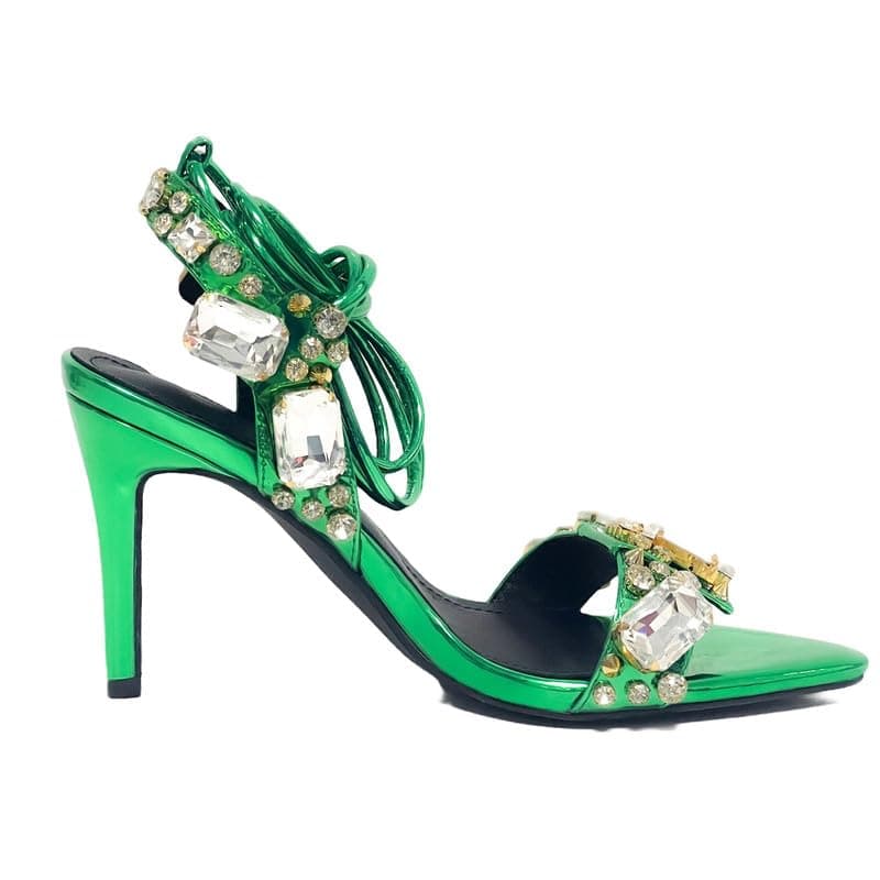 LISHAN Women's Rhinestone Anklet Strappy Pointed Heel High Heels Lace-Up Sandals — Green