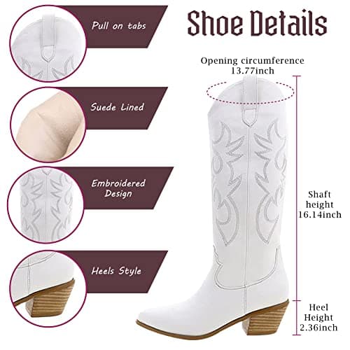Erocalli White Embroidered Cowboy Boot for Women Knee High Heeled Pull-On