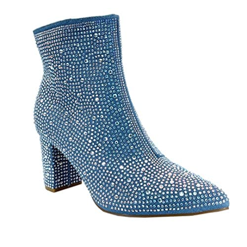 ABSOLEX Women's Pointed Toe Rhinestone Ankle Booties Heel — Blue Denim