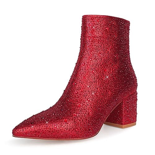 Wetkiss Sparkly Rhinestone Knee High Boots for Women Weddings Dates — Rhinestone Red